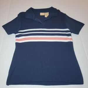 💚 Bobbie Brooks Womens Polo Size Small Blue W/ White And‎ Orange Stripes